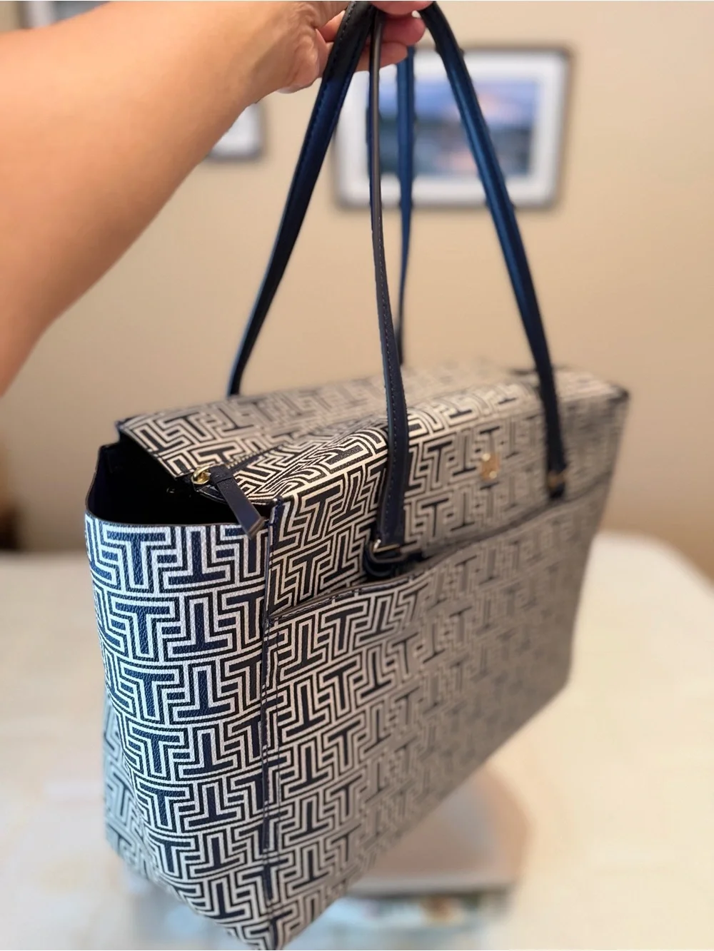 Tory Burch Navy and White Logo-Print Tote